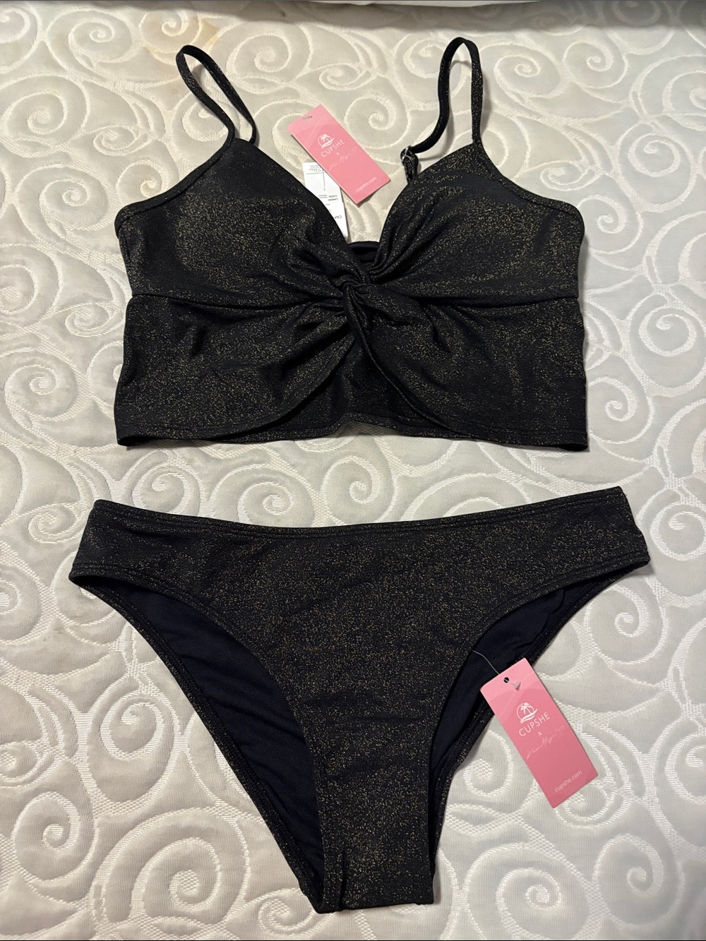Cupshe size Small- Black Shimmer Knot-Front Bikini Set